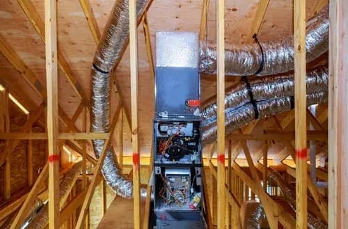High-efficiency furnace and ductwork installed in an attic mechanical space